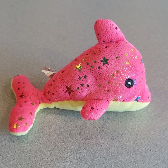 Toy Works Starry Dolphin Plush Stuffed Animal Pink and Yellow - Picture 4 of 7